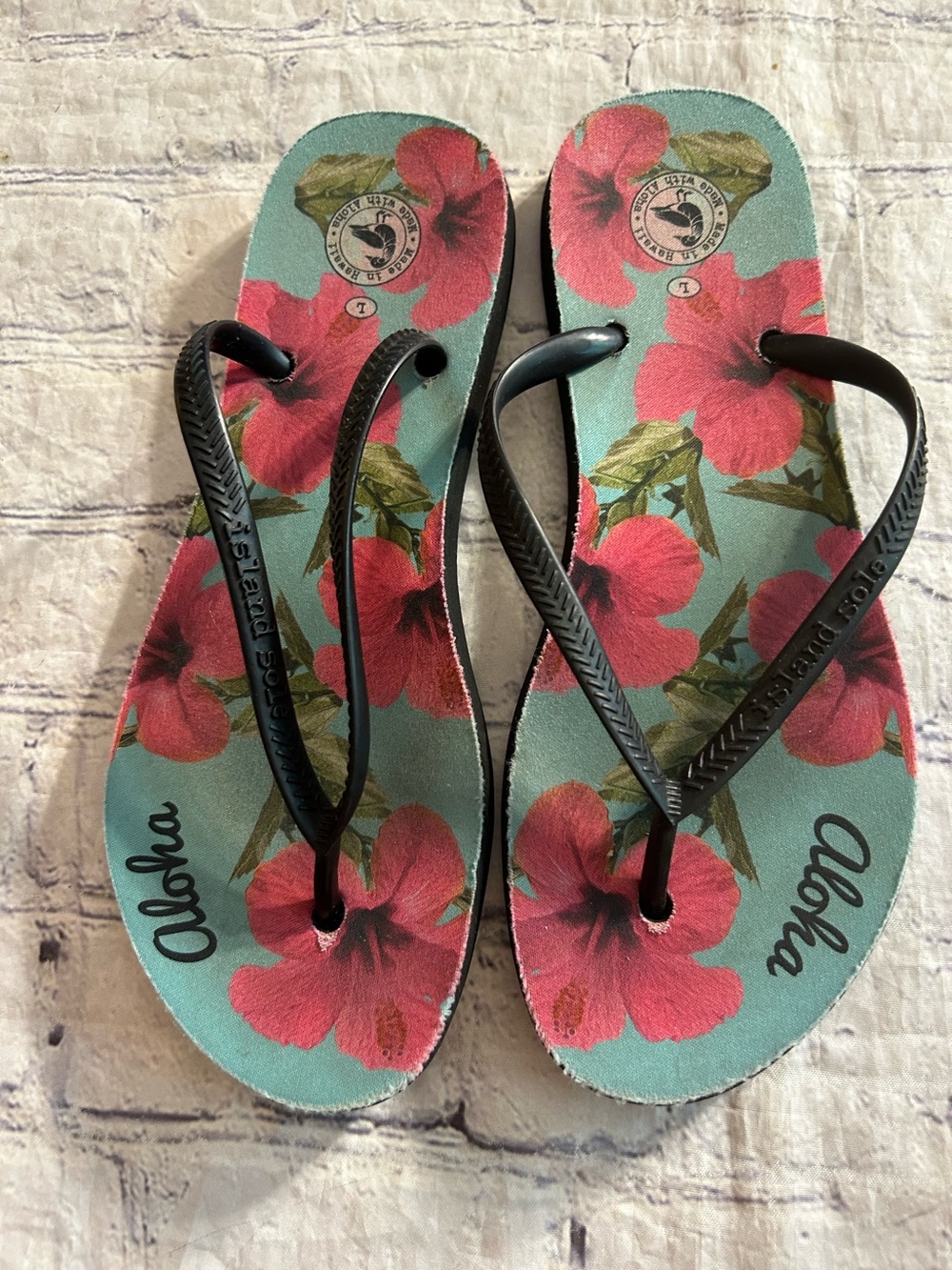 HAWAIIAN MADE COCO NENE FLOWER PATTERN ALOHA TEXT  FOOTBED FLIPFLOPS WOMEN’S L